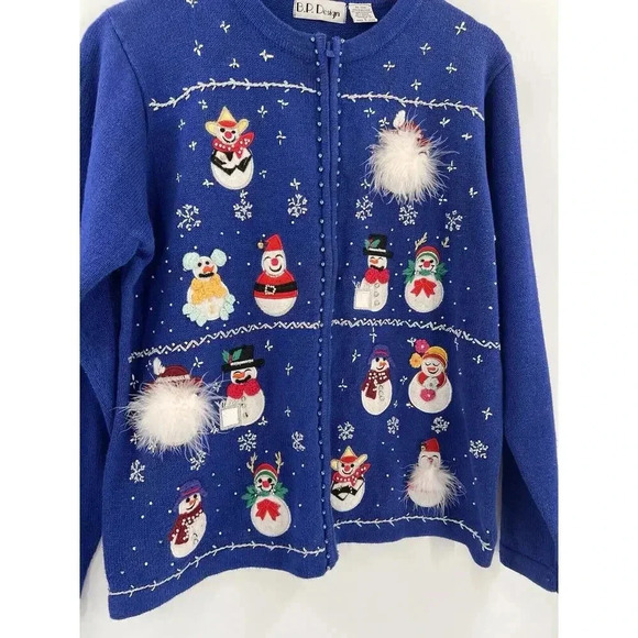 B. P. Design Christmas Holiday Sweater Blue Snowmen Feathers Full Zip Size LARGE - Picture 3 of 14